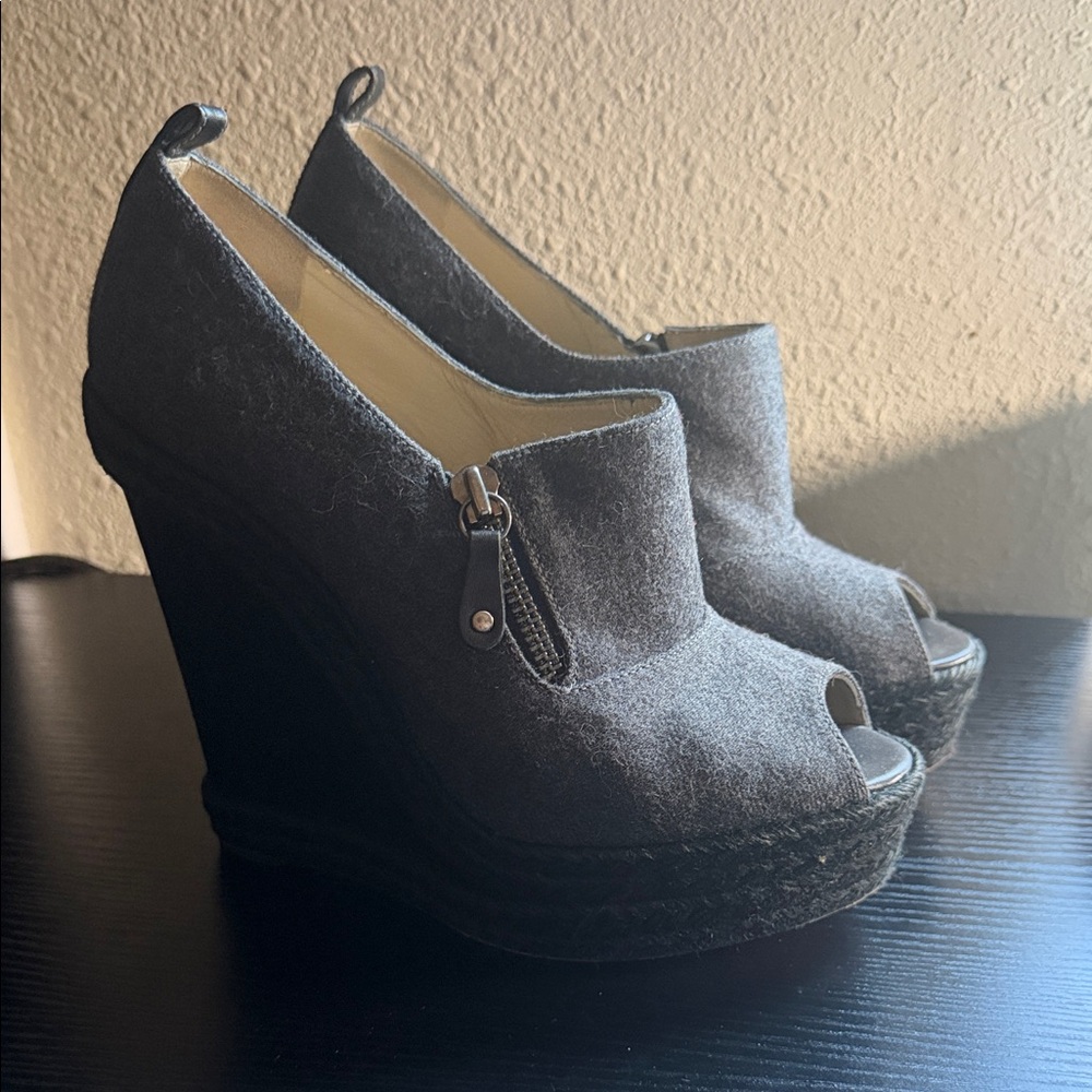 Christian Louboutin Dark Gray Peep-Toe Wedges